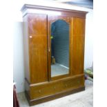 Edwardian mahogany inlaid wardrobe with single mirrored door and two drawers to the base (157cm x