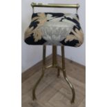 Edwardian brass harp stool with upholstered seat and three supports (height 70cm)