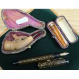 De La Rue & Company London Onoto-Minor fountain pen numbered 120268, cased carved meerschaum cheroot