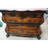 19th C Dutch style walnut marquetry inlaid chest of four drawers on lion paw feet (88cm x 54cm x