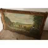 Extremely large gilt framed oil on board painting of hunting scene in rural setting by W. Hobson (