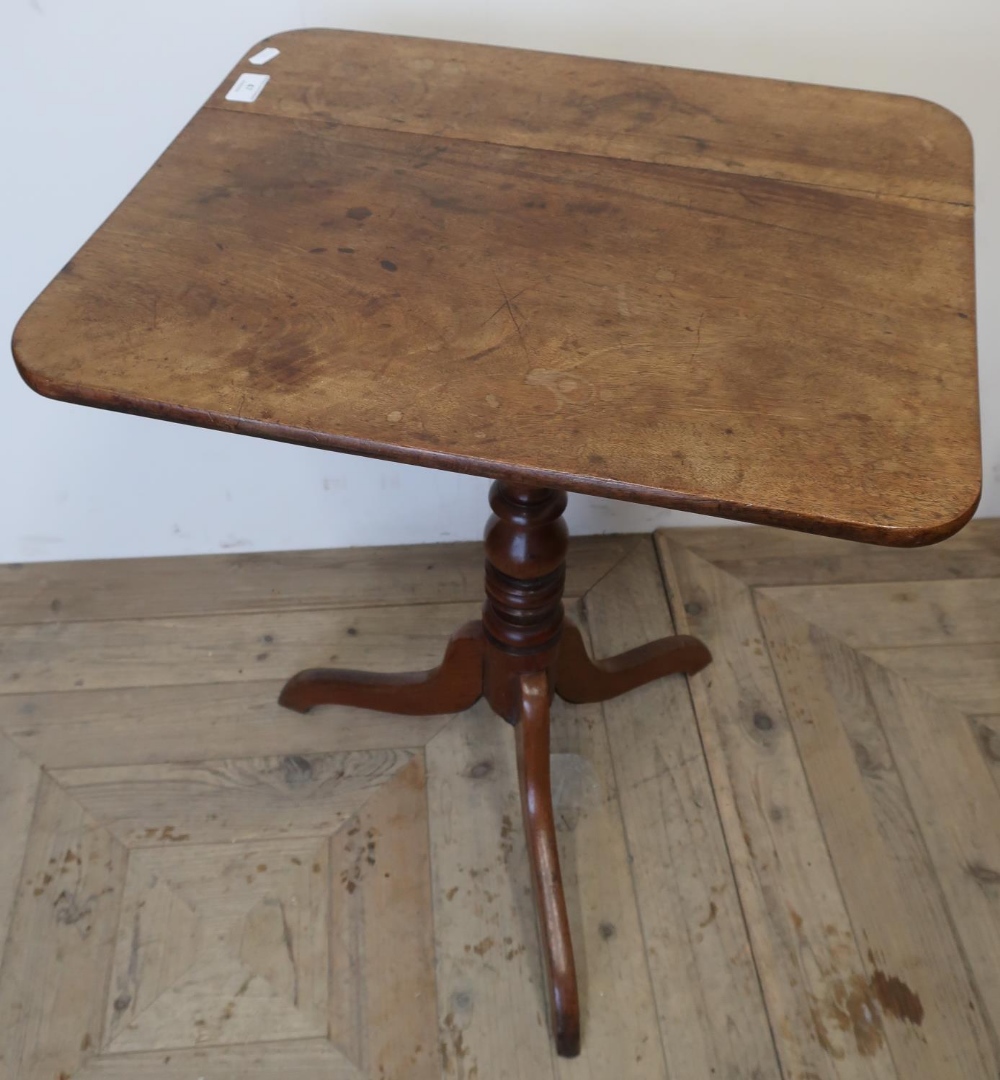 19th C mahogany rectangular topped tripod table on turned column