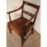 19th C elm commode armchair with lift up seat on square tapering supports