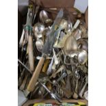 Large selection of plated cutlery in one box, various other silver plated cutlery etc