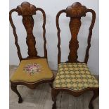 Pair of early 19th C Dutch style walnut marquetry inlaid pair of chairs with drop in wool work seats