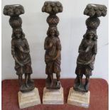 Three 19th C caryatids carved wood on contemporary stepped bases