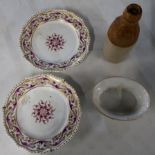 Pair of Bloor Derby plates (one A/F), stoneware dish and a stoneware