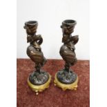 Pair of bronze candlesticks in the form of storks with gilded bases (20.5cm high)