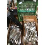 Plated sugar skuttle and shovel, fiddle pattern cutlery and other flatware