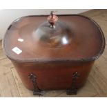 Oval copper coal bin with lift off lid, crested with regency style urn with twin carrying handles,