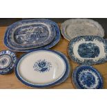 Large blue and print ware meat dish and other blue and white print ware meat dishes etc