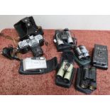 Box of various assorted vintage and modern camera's, case set of pocket binoculars etc.