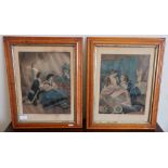 Pair of maple framed 19th C coloured prints of a courting couple (39.5cm x 50cm including frames)