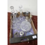 Selection of cut glass dressing table jars, set of six 19th C engraved glasses, decanters etc