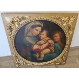 Gilt framed oil on canvas of Madonna Della Sedia, after Raphael (86cm x 86cm including frame)