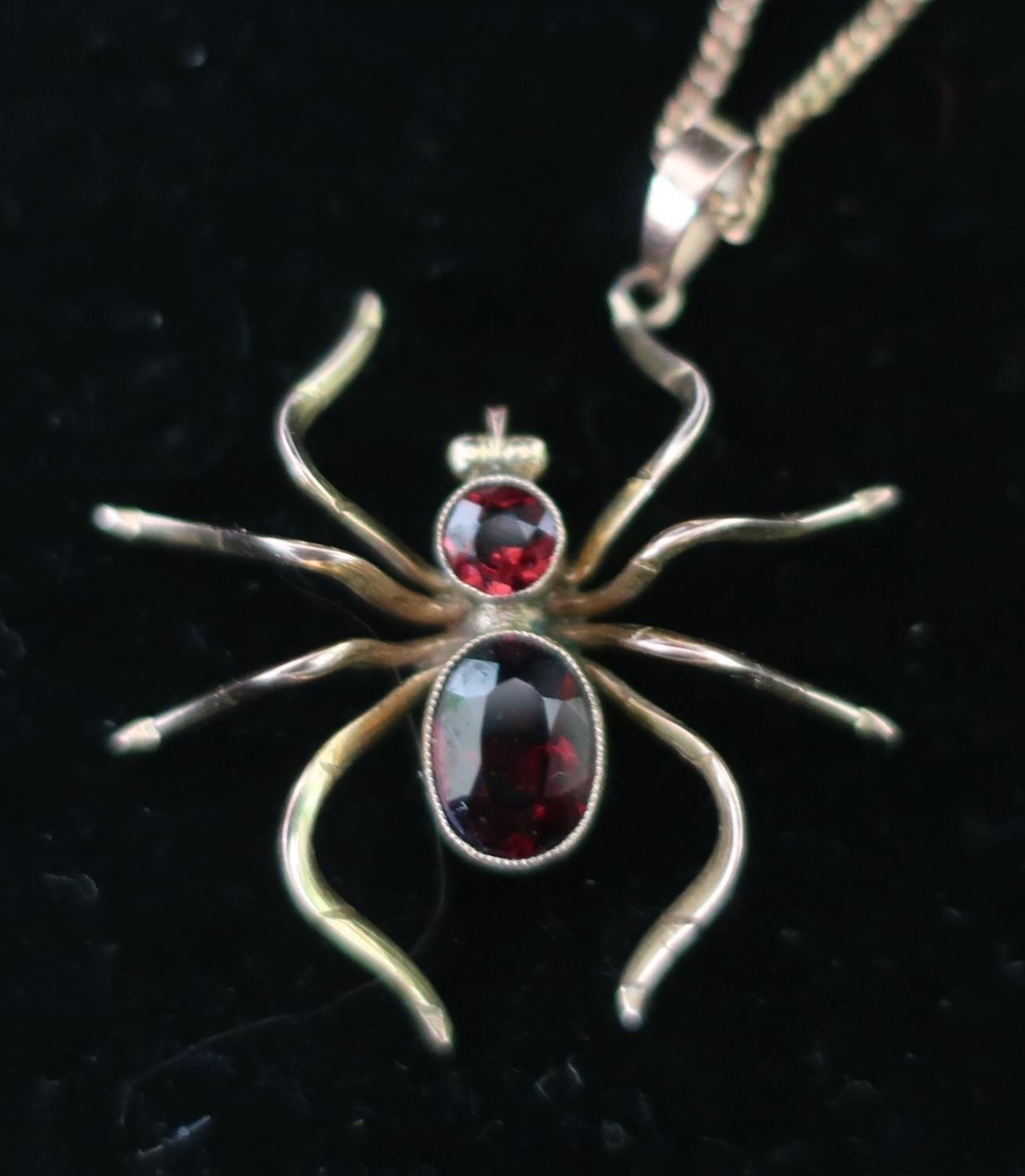 9ct gold and garnet spider pendant and chain