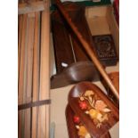 Artists folding easel, carved beech cigarette box and other wooden items including a book trough,