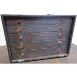 A stained pine tool type box with lift off front revealing 5 long drawers (49 x 29 x 36 cm)