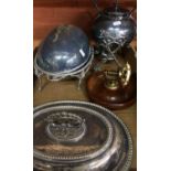 Silver plated spirit kettle, serving tureen, nutcracker etc