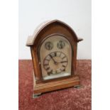 Edwardian golden oak lancet top mantel clock, silvered dial with raised chapter ring, chime,