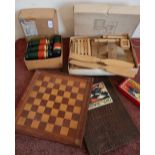Selection of various vintage toys and games including chess board, draughts set, skittle set, wood