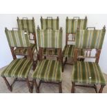 Set of six late Victorian oak dining chairs with upholstered seats and backs, on turned supports