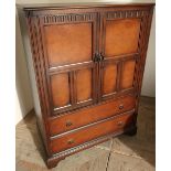 Mid 20th C Oak & Walnut effect tallboy with panelled cupboard doors above 2 drawers (86cm x 47cm x