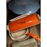 Le Creuset pate tureen, two graduated frying pans, a casserole dish and a stone glazed hot water