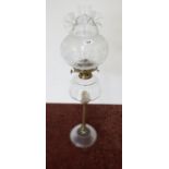 Victorian oil lamp with domed diamond pattern base, brass column, clear reservoir and etched clear