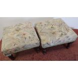 Pair of late Victorian square top footstools on turned mahogany supports with upholstered tops