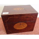 Mahogany inlaid masonic table box with hinged top and twin carrying handles, the front with inlaid