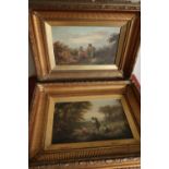 Pair of heavy gilt framed oil on canvas paintings of figures in landscape scenes signed Barelay (