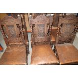 Set of six carved oak dining chairs with upholstered seats and turned H shaped understretchers