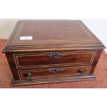 Mahogany inlaid two drawer table box on stepped base (33.5cm x 26cm x 16cm)