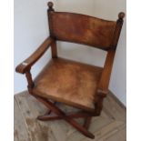 Quality reproduction walnut armchair with X shaped understretcher and leather upholstered seat and