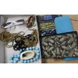 Ladies velvet evening bag and a selection of costume jewelry including simulated pearl necklaces,