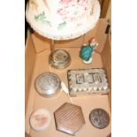 Mother of pearl table box, various other boxes, a silver plated table lamp with a ceramic figure
