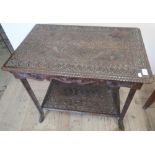 19th C carved oak Eastern style two tier rectangular occasional table (73cm x 47cm x 65cm) (split to