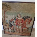 19th C woolwork picture depicting a huntsman in landscape setting with two terriers