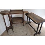 Victorian walnut table, turned bobbin supports and understretcher, early 20th C two tier oak tea