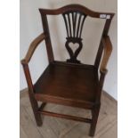 Georgian hepplewhite style oak and elm elbow chair with pierced vase shaped splat back