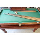 Victorian mahogany framed quarter sized Campaign billiards tables with score board, cues and various