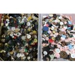 Large quantity of vintage buttons, and other items in two containers