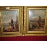 Pair of 19th C oils on board, a fisher girl on coastline and traveller in country setting (22cm x