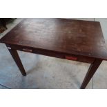 Mid 20th C stained pine 2 drawer side table on square supports (107 x 70 x 66 1/2 cm)