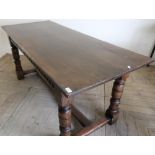 Early 20th C oak refectory dining table, turned legs with stretcher base (168cm x 71cm x 75cm)