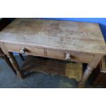 Victorian pine two drawer two tier side table on turned supports (97cm x 48cm x 76cm)