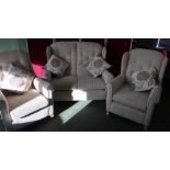 Modern three piece suite in oatmeal fabric comprising of two seat sofa and pair of matching