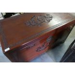 Chinese hardwood blanket box with carved detail and hinged lid (104.5cm x 52cm x 59cm)