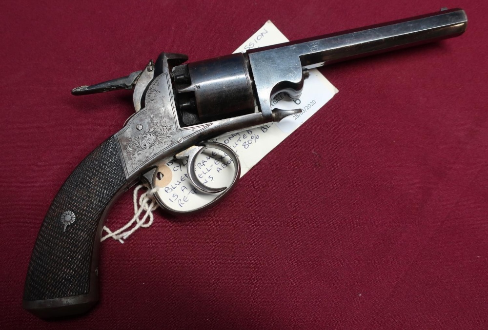 Webley Bentley open frame percussion cap revolver with extended thumb cocking spur, 5 inch octagonal